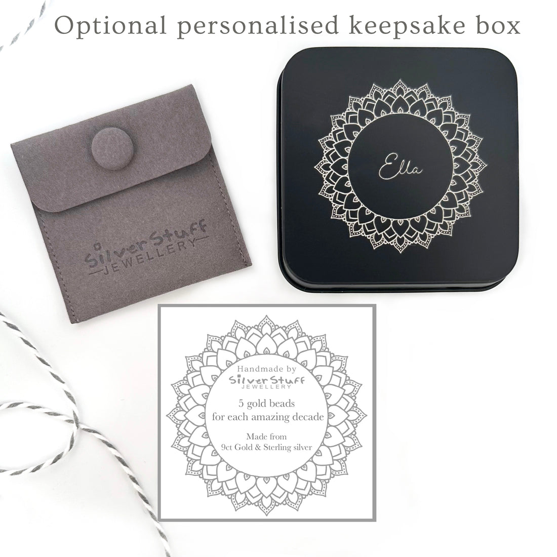 50th Birthday 9ct gold & sterling silver beaded adjustable Milestone bracelet