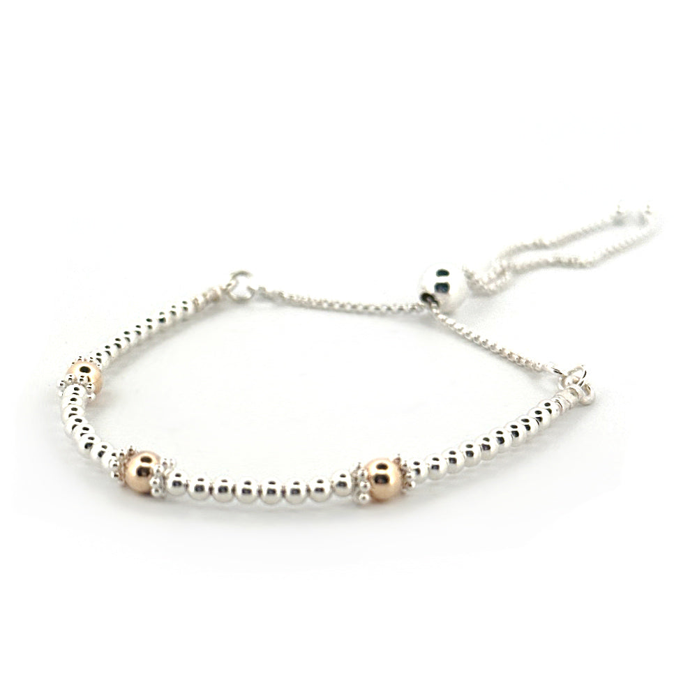 9ct gold 3 bead & sterling silver beaded adjustable bracelet