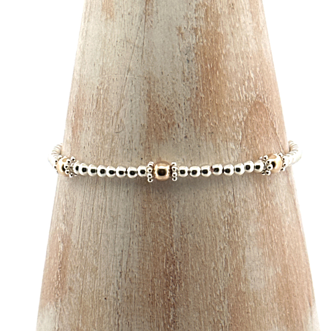 9ct gold 3 bead & sterling silver beaded adjustable bracelet