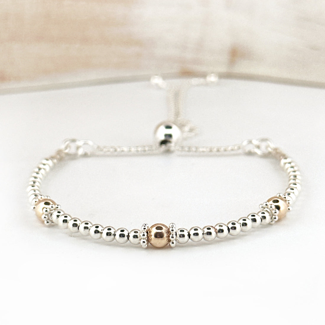 9ct gold 3 bead & sterling silver beaded adjustable bracelet