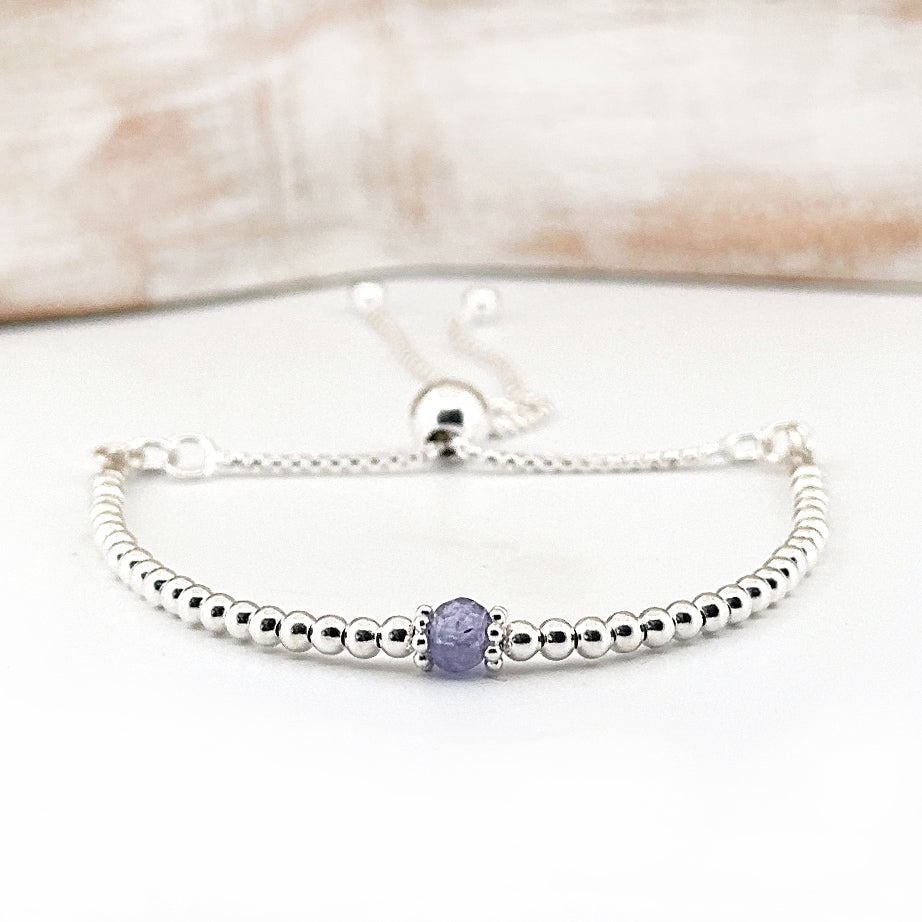Tanzanite sterling silver adjustable beaded bracelet | December birthstone