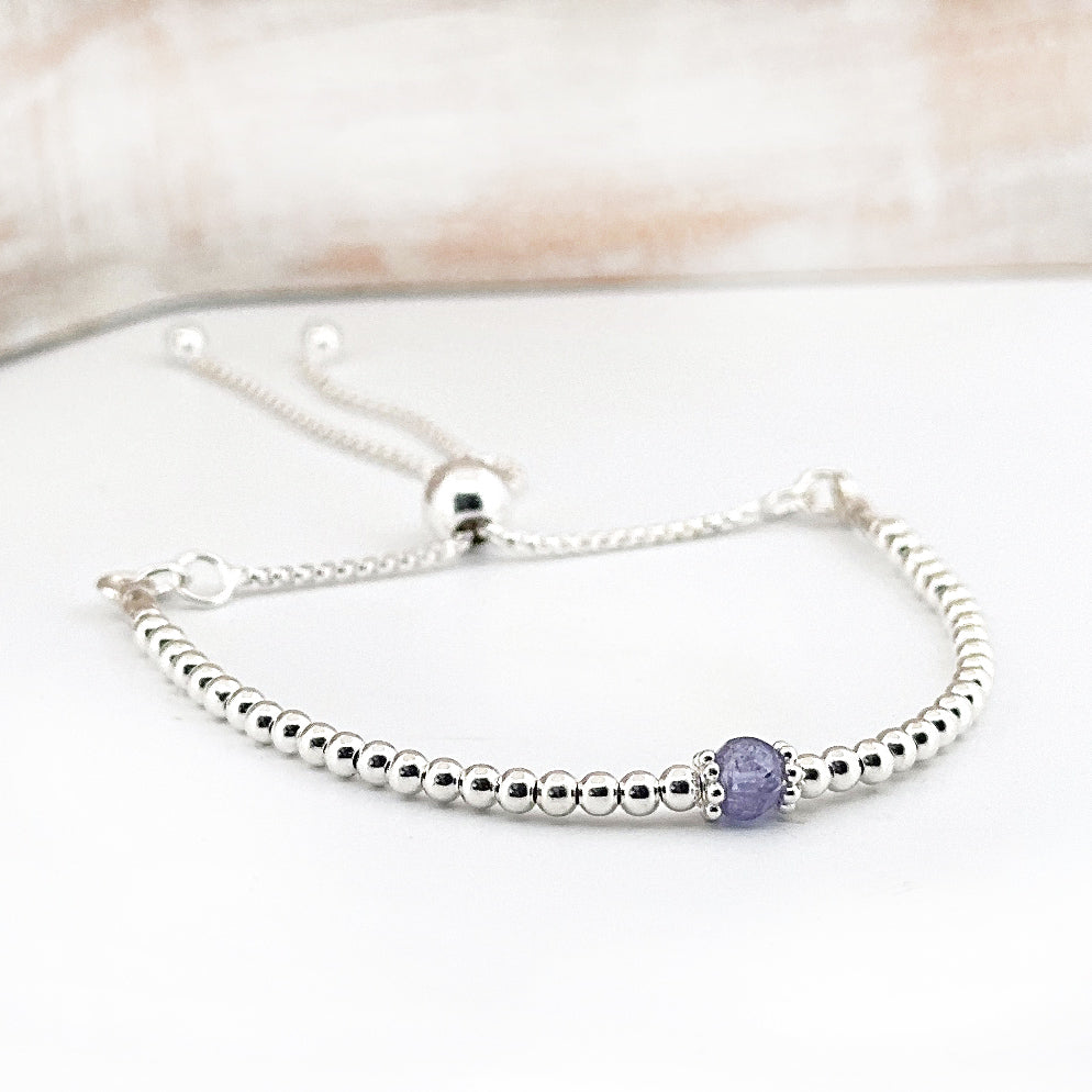 Tanzanite sterling silver adjustable beaded bracelet | December birthstone
