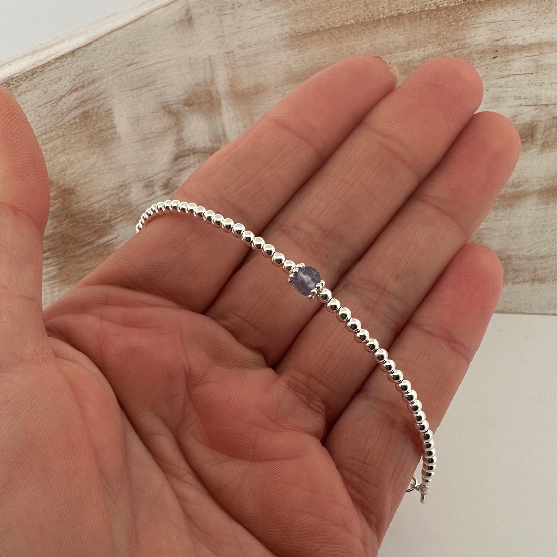 Tanzanite sterling silver adjustable beaded bracelet | December birthstone