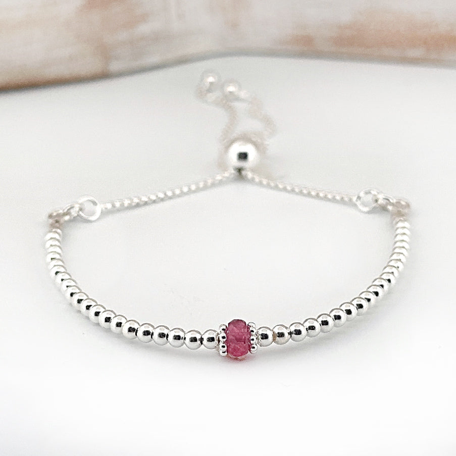 Dainty Pink Tourmaline sterling silver adjustable beaded bracelet | October birthstone