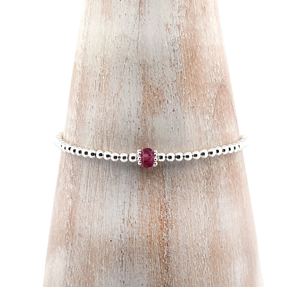 Dainty Pink Tourmaline sterling silver adjustable beaded bracelet | October birthstone