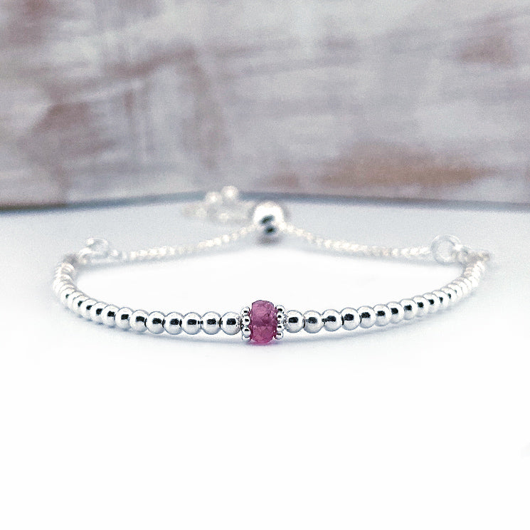 Dainty Pink Tourmaline sterling silver adjustable beaded bracelet | October birthstone