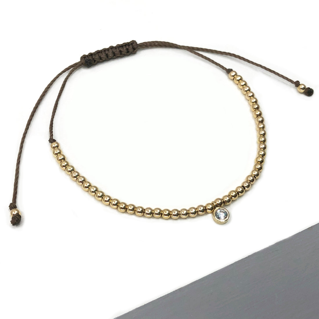 Diamond 14ct yellow gold beaded adjustable corded friendship bracelet