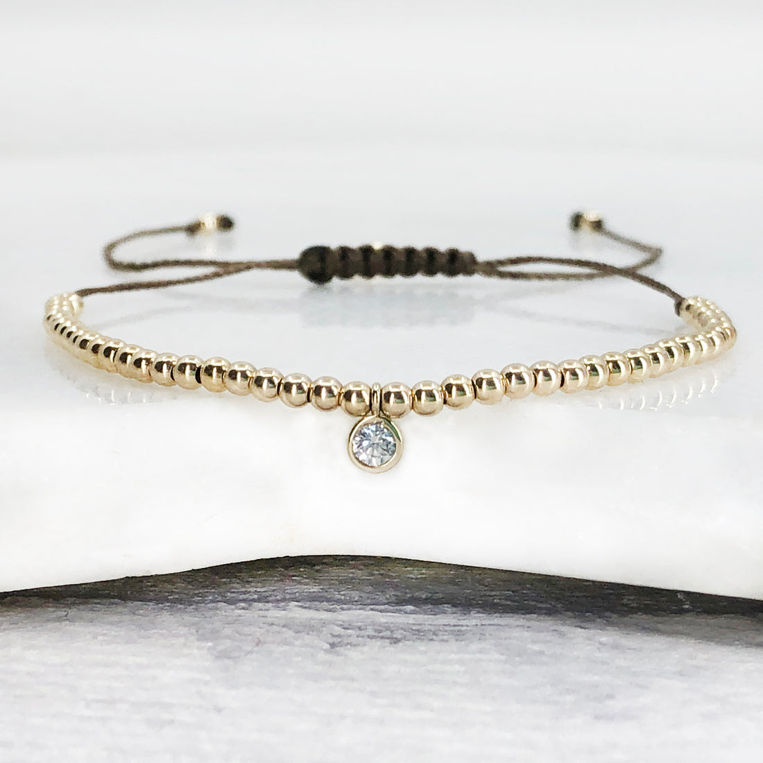 Diamond 14ct yellow gold beaded adjustable corded friendship bracelet