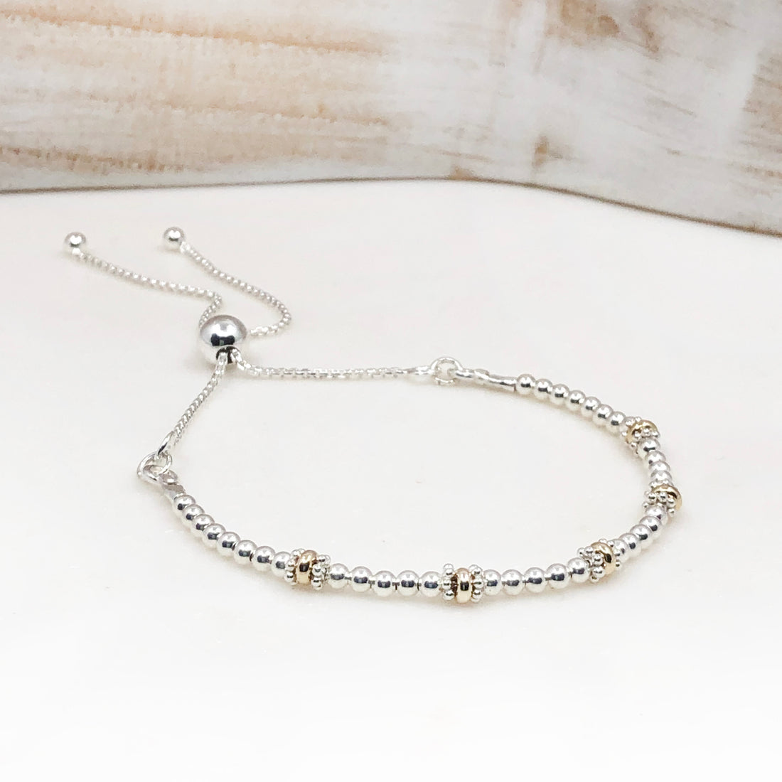 50th Birthday 9ct gold & sterling silver beaded adjustable Milestone bracelet