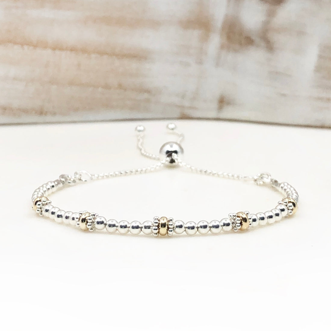 50th Birthday 9ct gold & sterling silver beaded adjustable Milestone bracelet