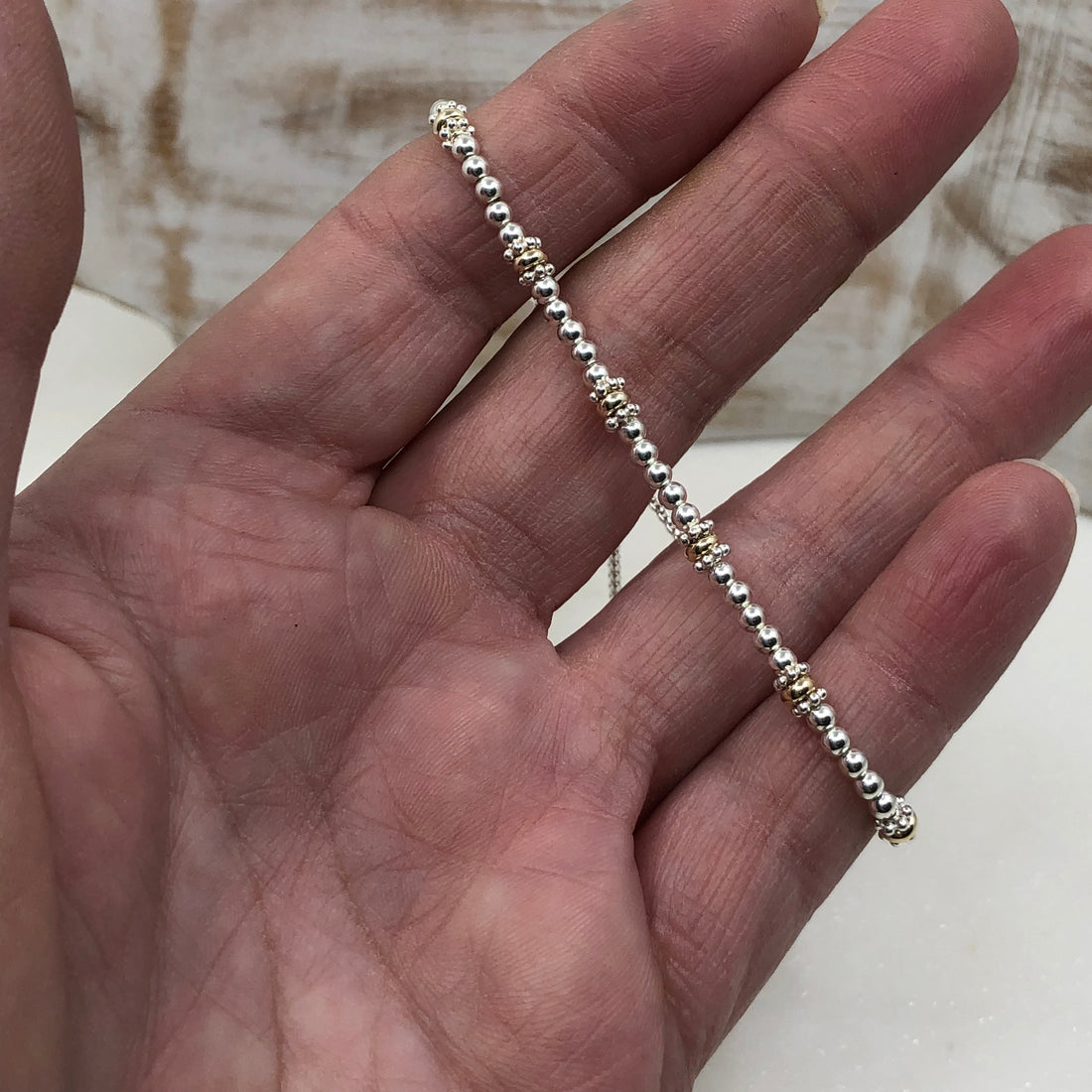 60th Birthday 9ct gold & sterling silver beaded adjustable Milestone bracelet