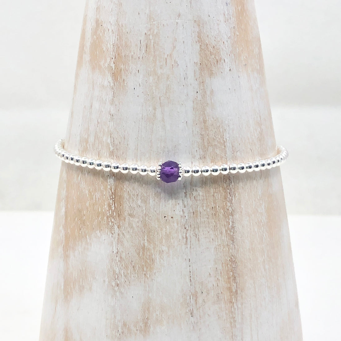 Amethyst sterling silver adjustable beaded gemstone | February birthstone bracelet