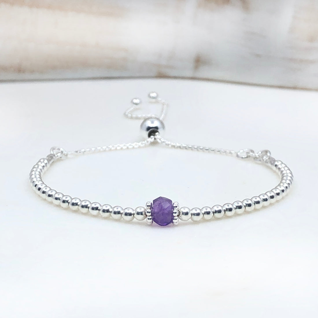 Amethyst sterling silver adjustable beaded gemstone | February birthstone bracelet