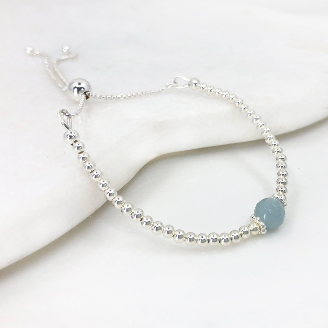 Sterling silver adjustable beaded aquamarine gemstone | March birthstone bracelet