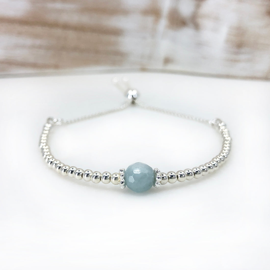 Sterling silver adjustable beaded aquamarine gemstone | March birthstone bracelet
