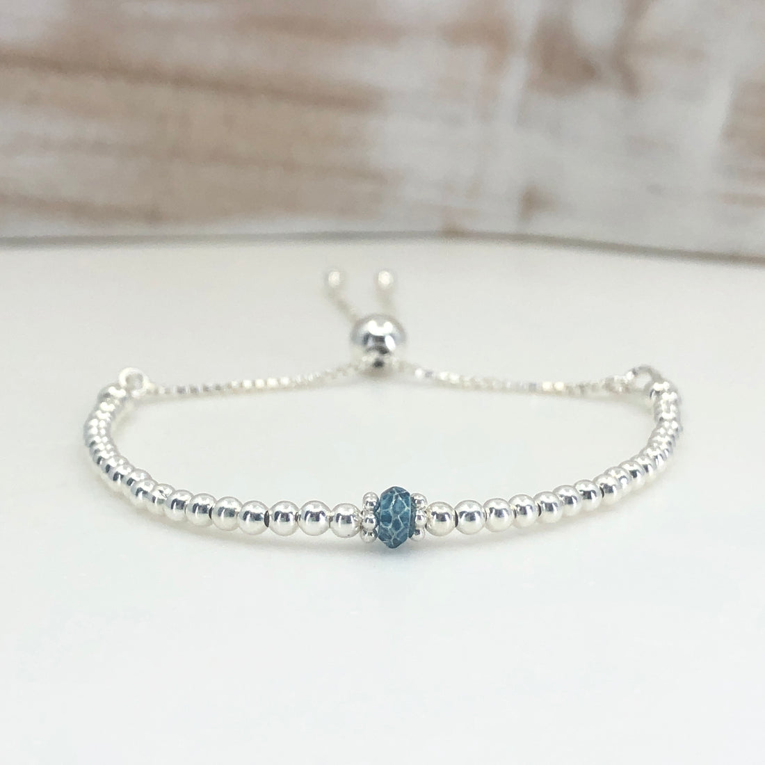 London blue topaz sterling silver adjustable beaded bracelet | November birthstone