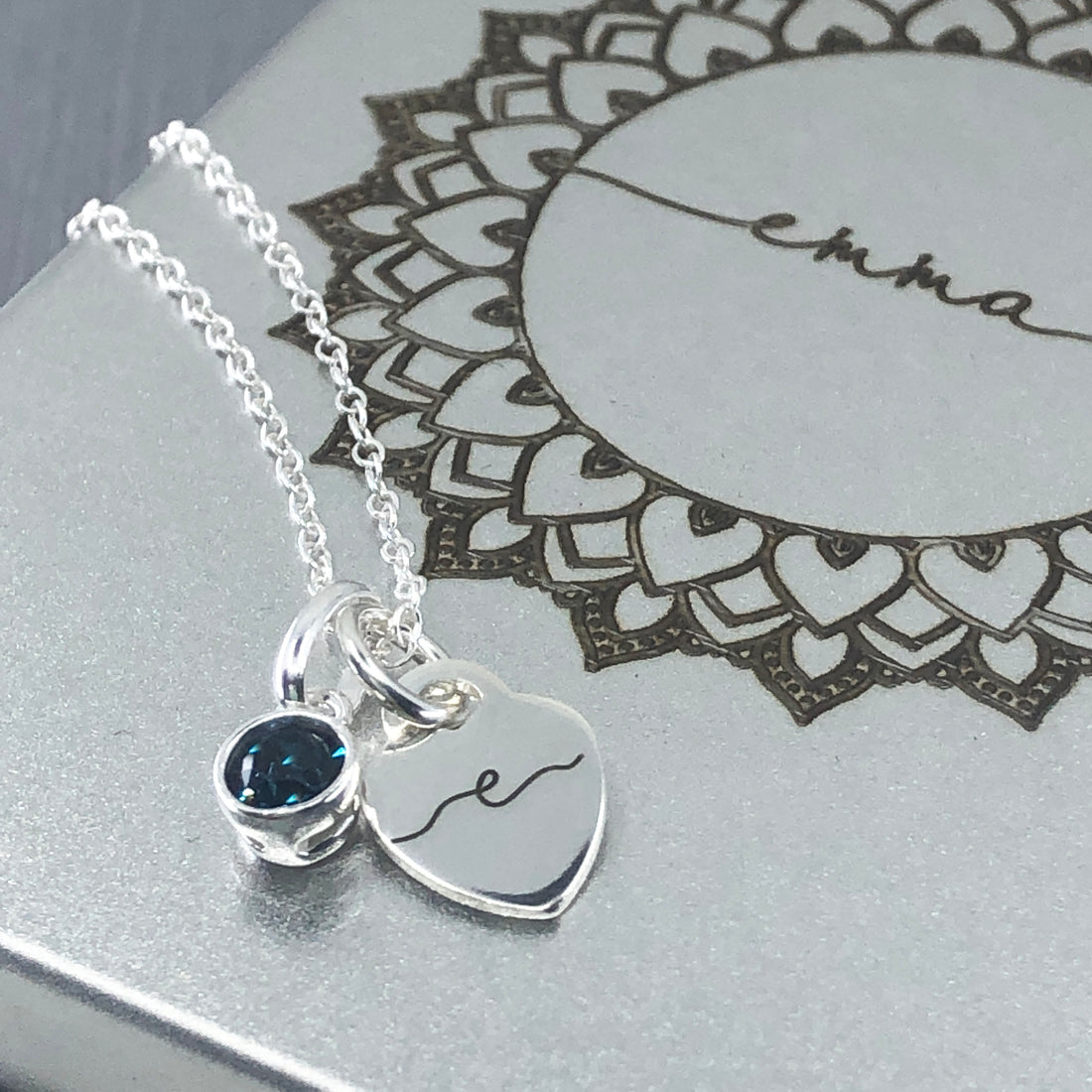 Sterling silver crystal birthstone initial heart charm necklace