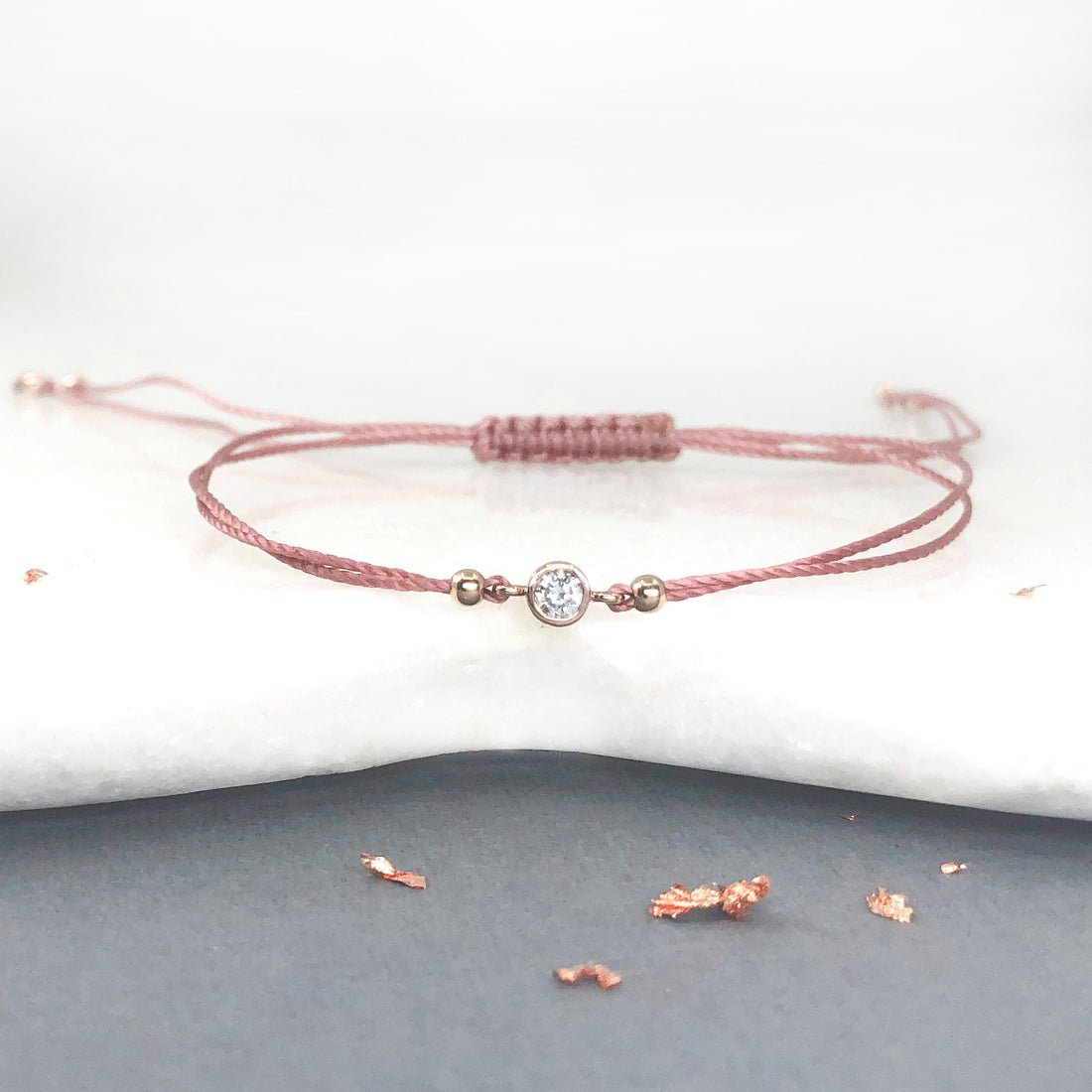 Diamond 14ct red rose gold adjustable corded friendship bracelet