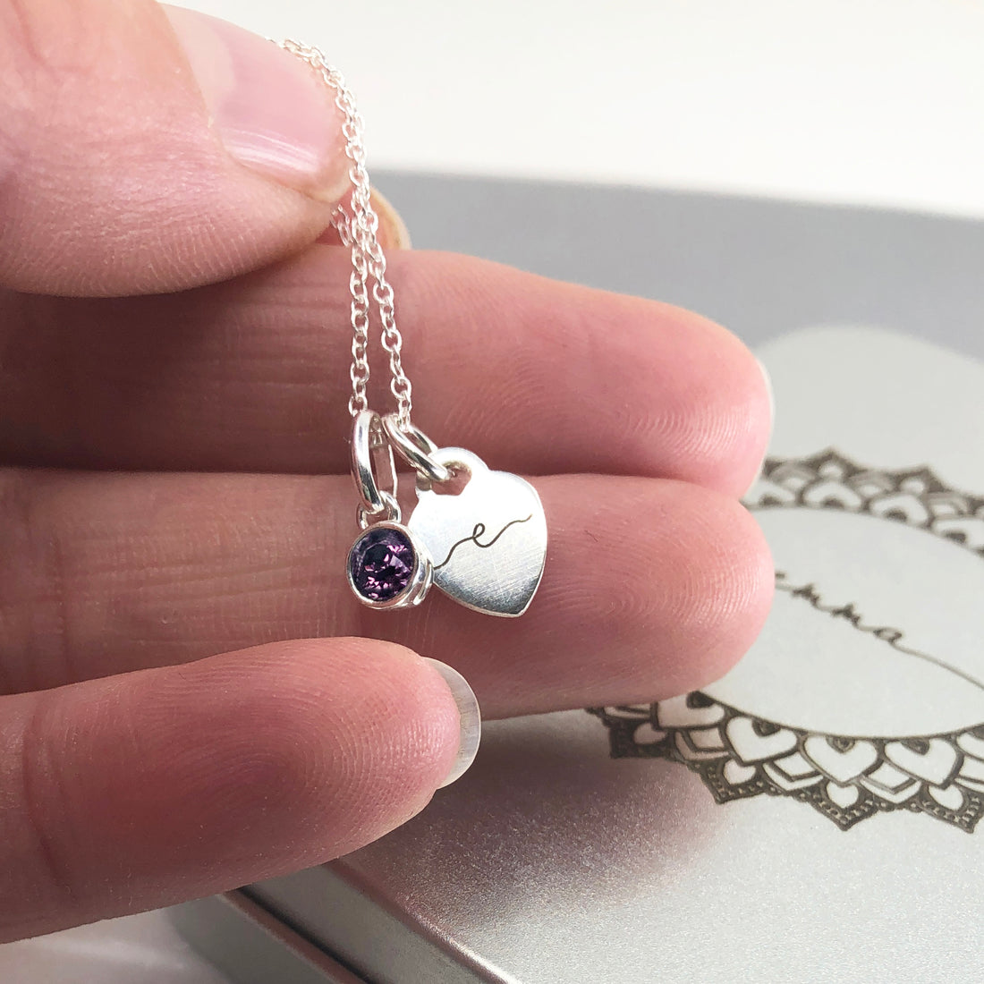 Sterling silver crystal birthstone initial heart charm necklace