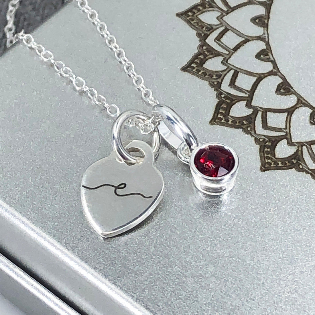 Sterling silver crystal birthstone initial heart charm necklace