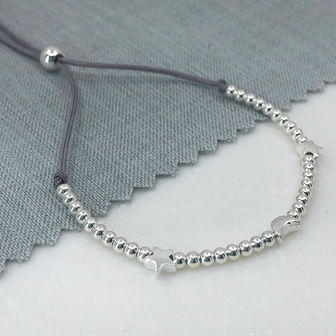 Sterling silver adjustable beaded moon & stars friendship bracelet