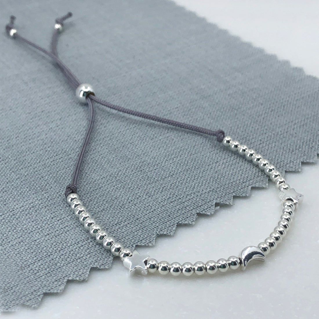 Sterling silver adjustable beaded moon & stars friendship bracelet