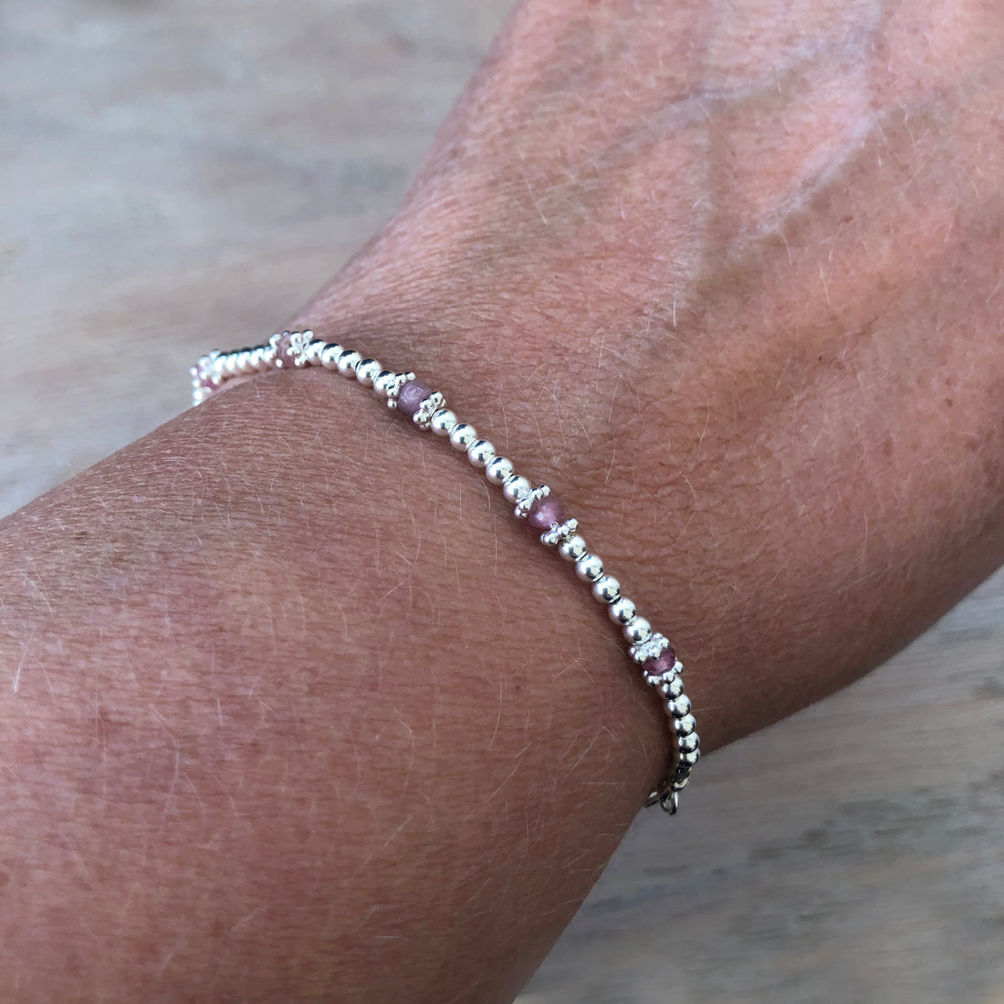 Pink Tourmaline sterling silver adjustable beaded bracelet | October birthstone
