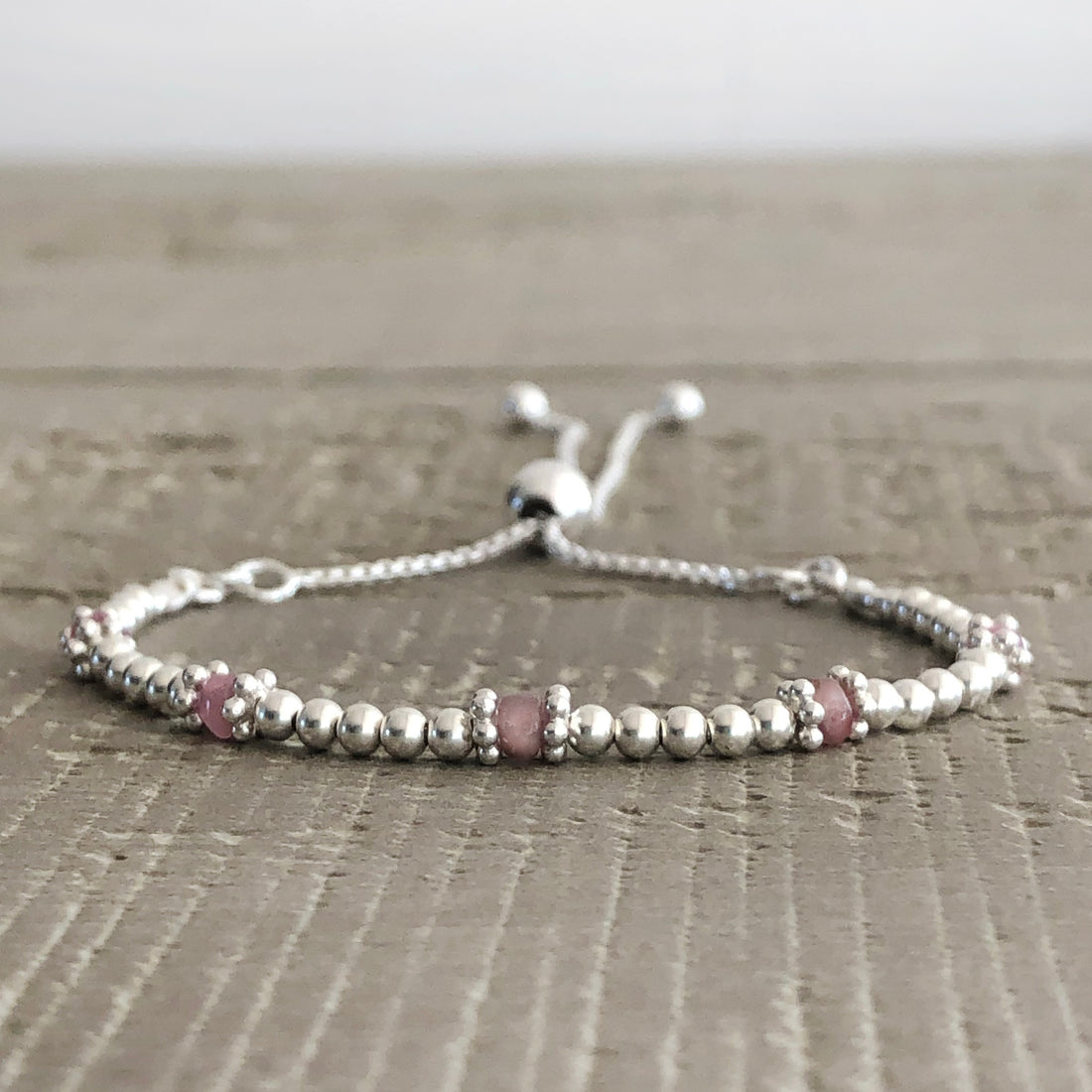 Pink Tourmaline sterling silver adjustable beaded bracelet | October birthstone