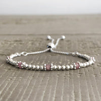 Pink Tourmaline sterling silver adjustable beaded bracelet | October birthstone