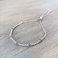 Pink Tourmaline sterling silver adjustable beaded bracelet | October birthstone
