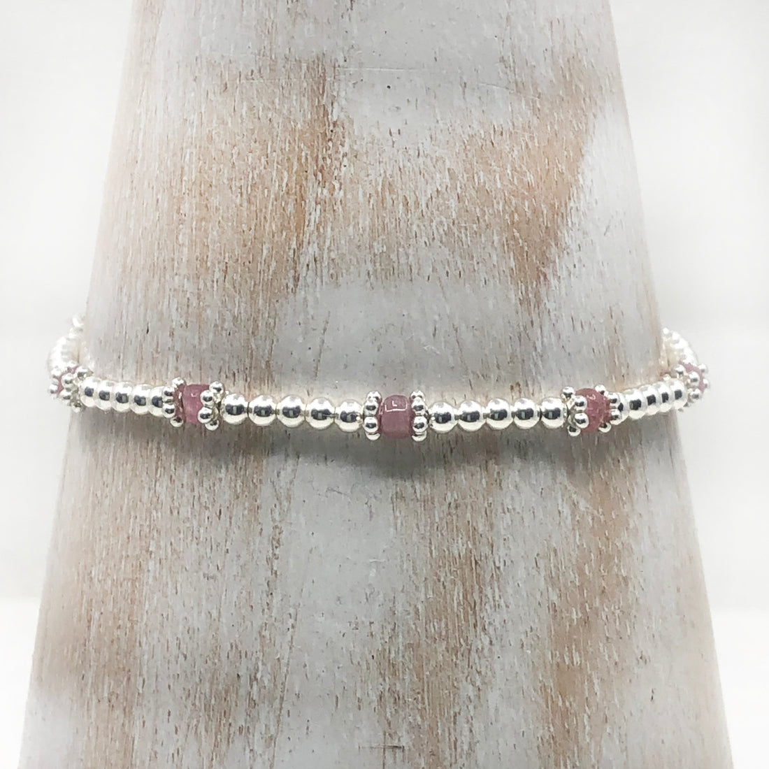 Pink Tourmaline sterling silver adjustable beaded bracelet | October birthstone