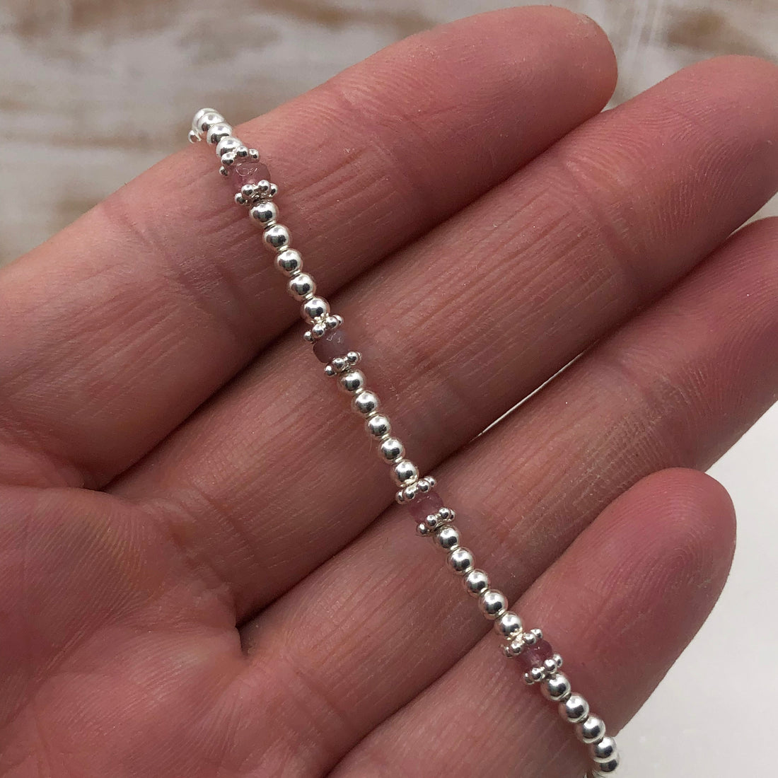 Pink Tourmaline sterling silver adjustable beaded bracelet | October birthstone