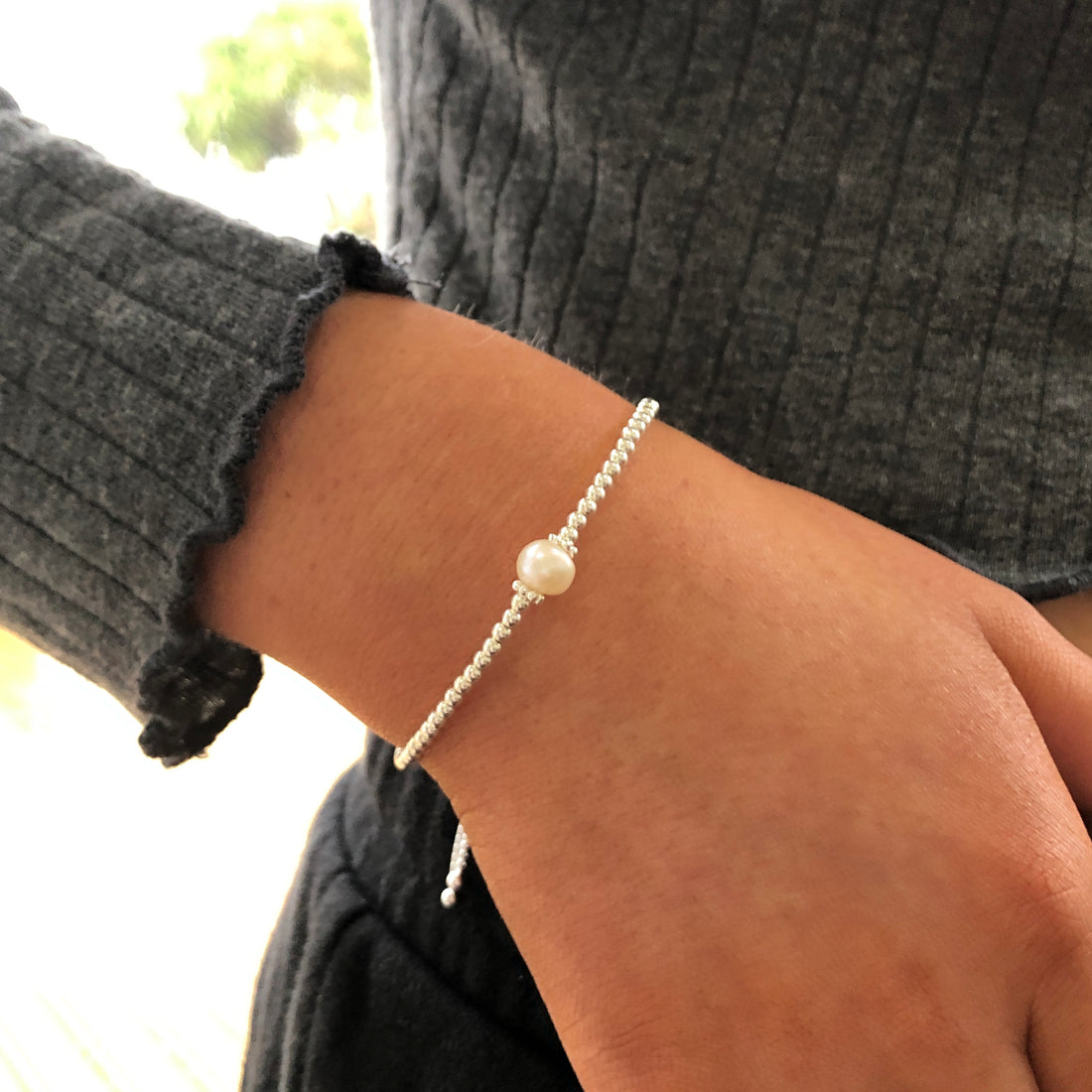 Pearl sterling silver adjustable beaded bracelet | June birthstone | wedding