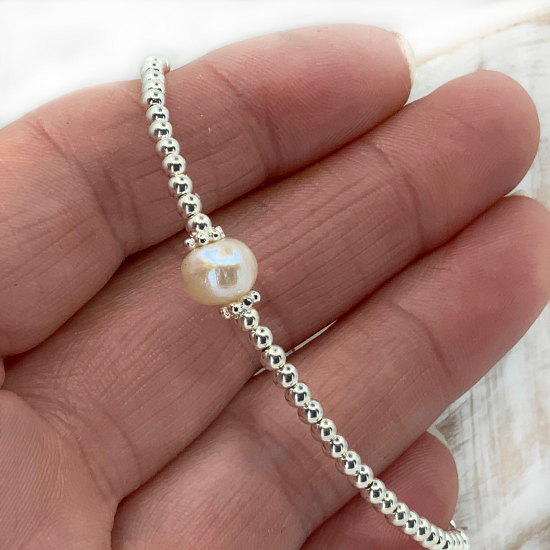 Pearl sterling silver adjustable beaded bracelet | June birthstone | wedding