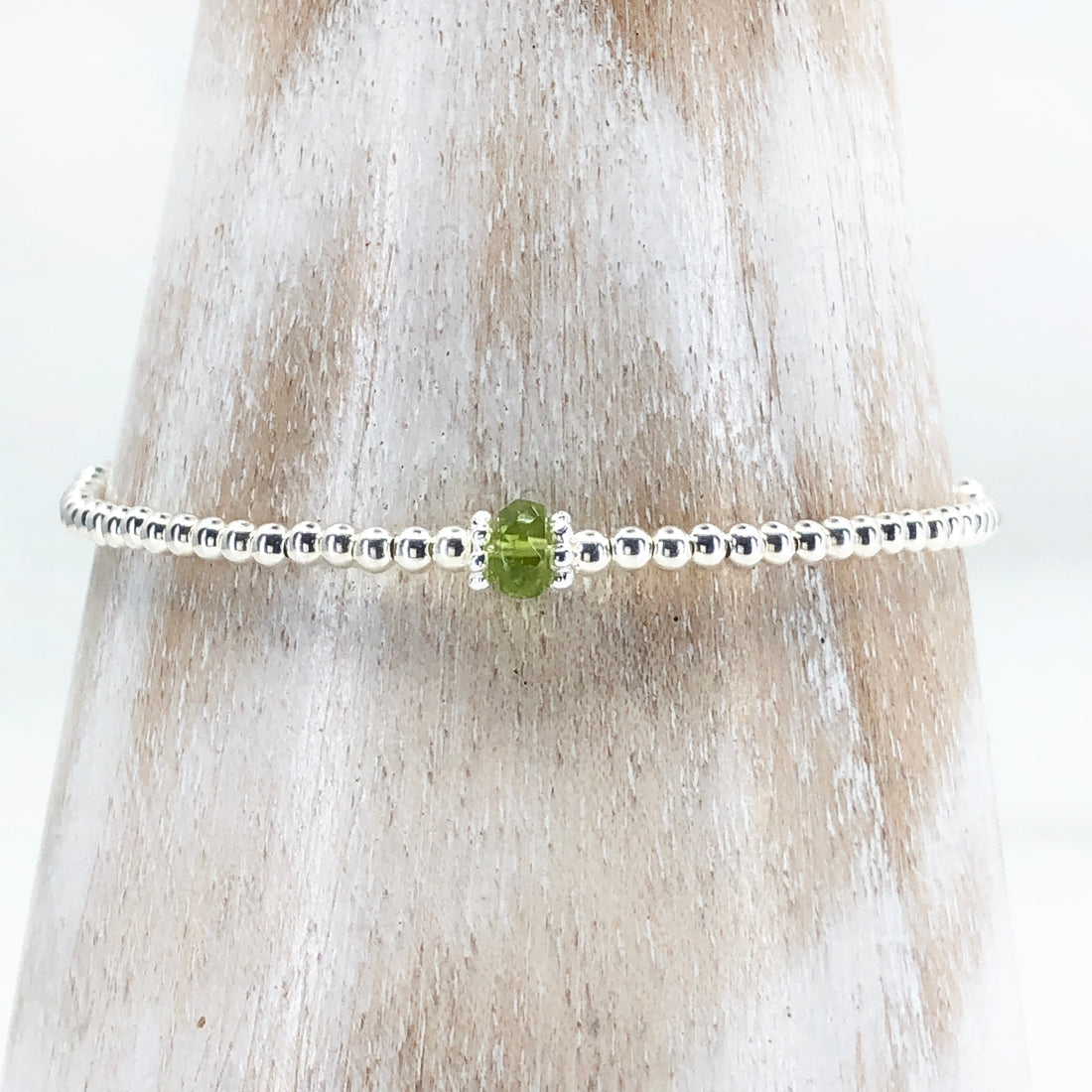 Peridot sterling silver adjustable beaded bracelet | August birthstone