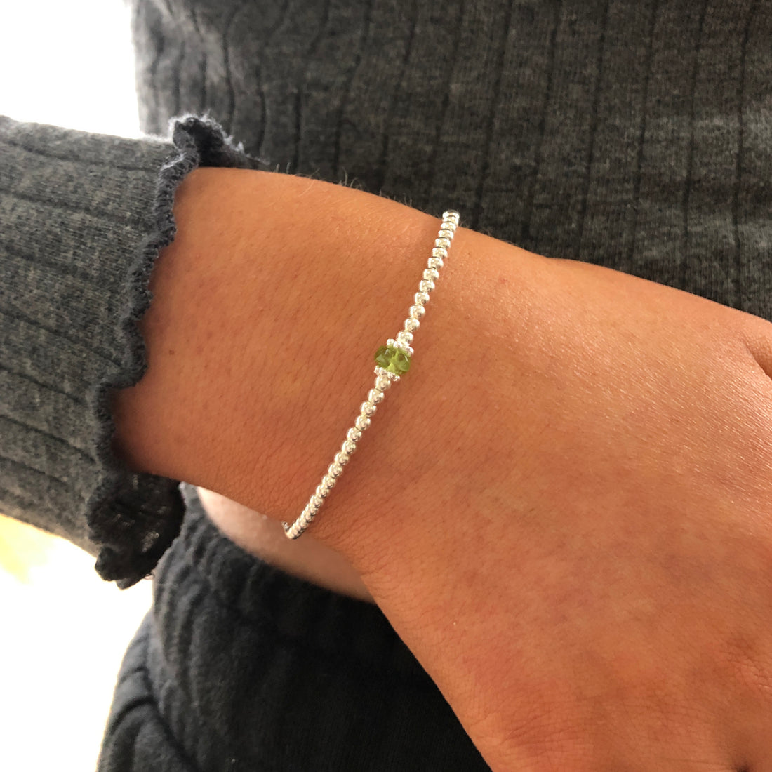 Peridot sterling silver adjustable beaded bracelet | August birthstone