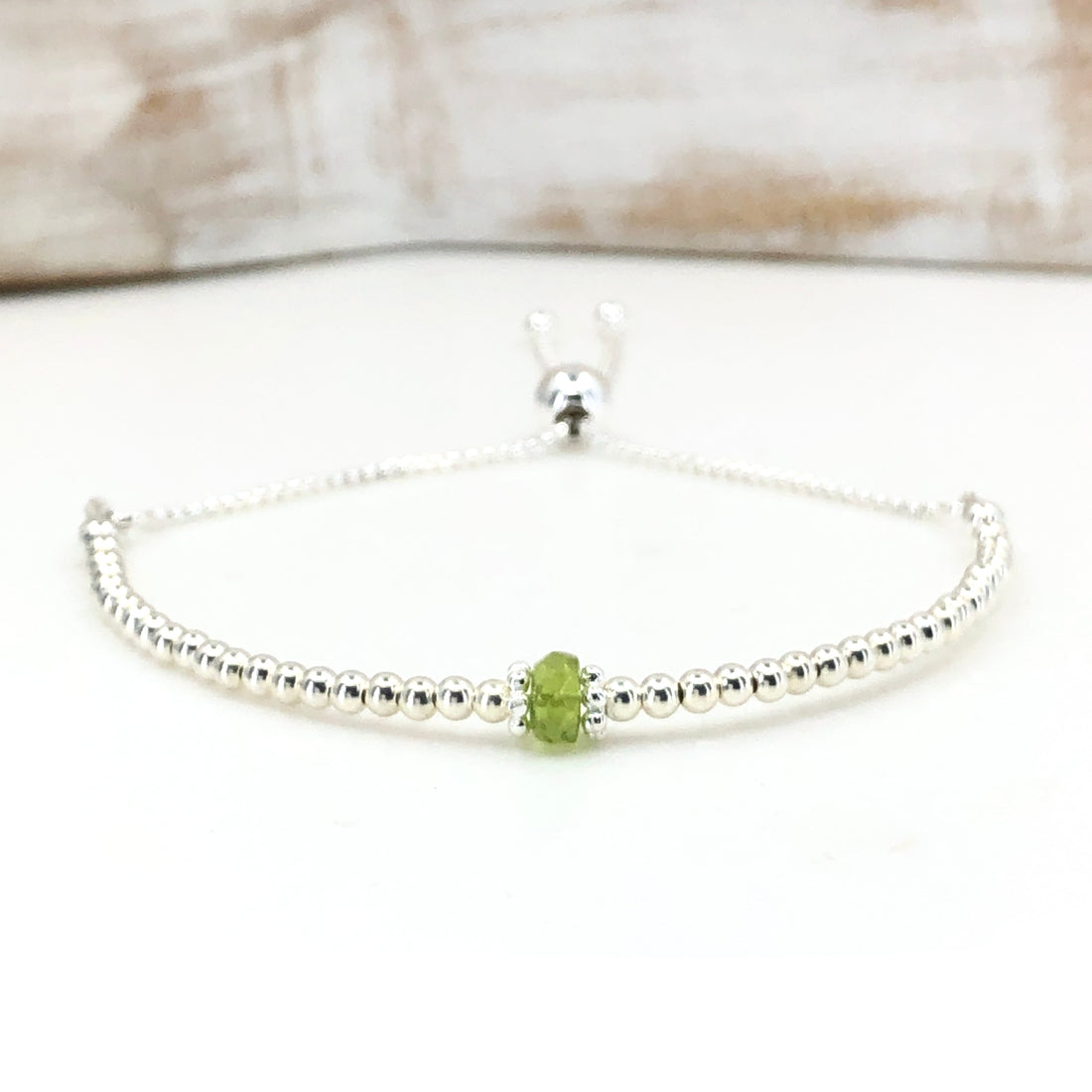 Peridot sterling silver adjustable beaded bracelet | August birthstone