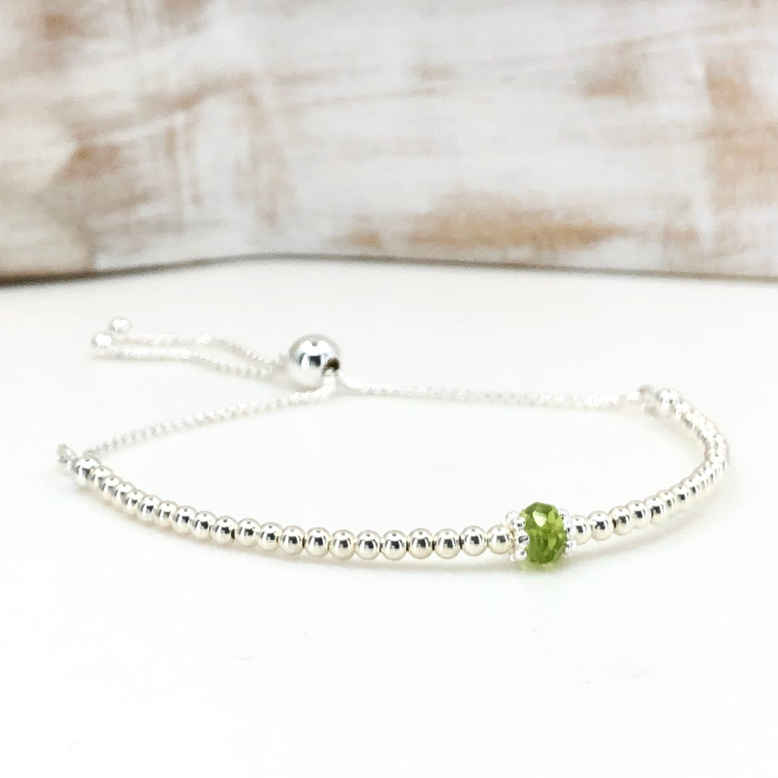 Peridot sterling silver adjustable beaded bracelet | August birthstone
