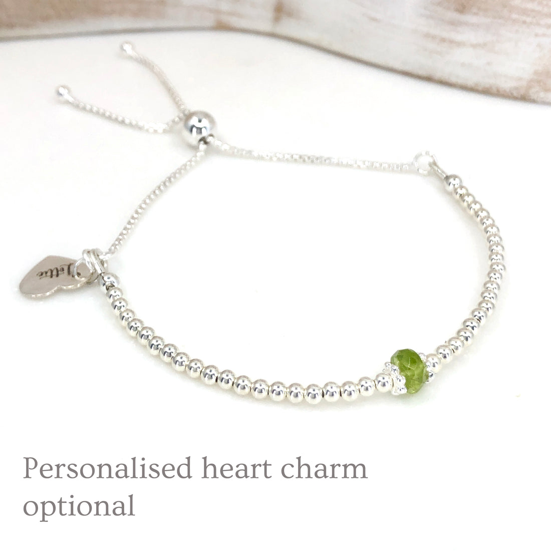 Peridot sterling silver adjustable beaded bracelet | August birthstone