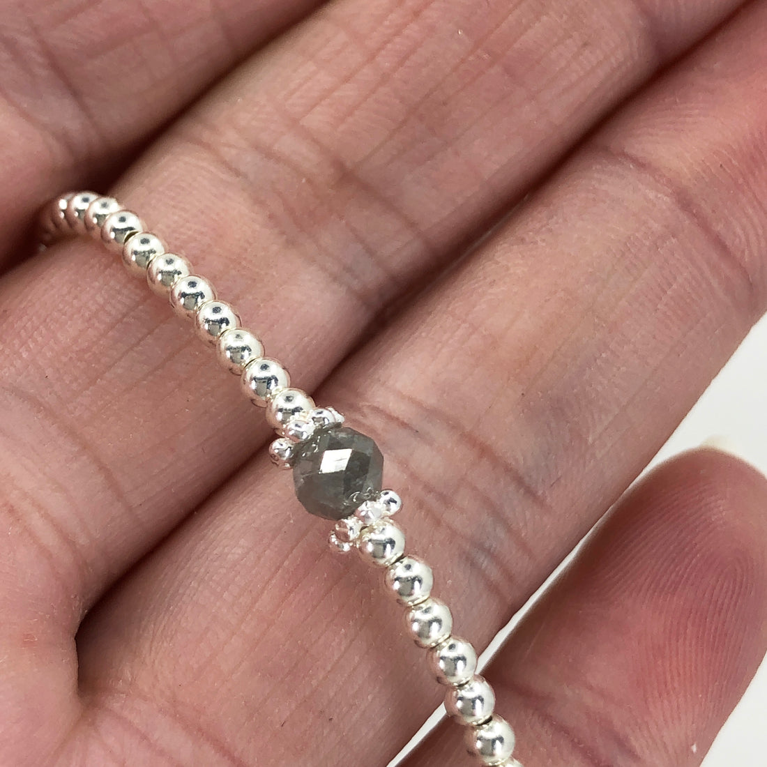 Rough faceted diamond silver adjustable beaded bracelet | April birthday