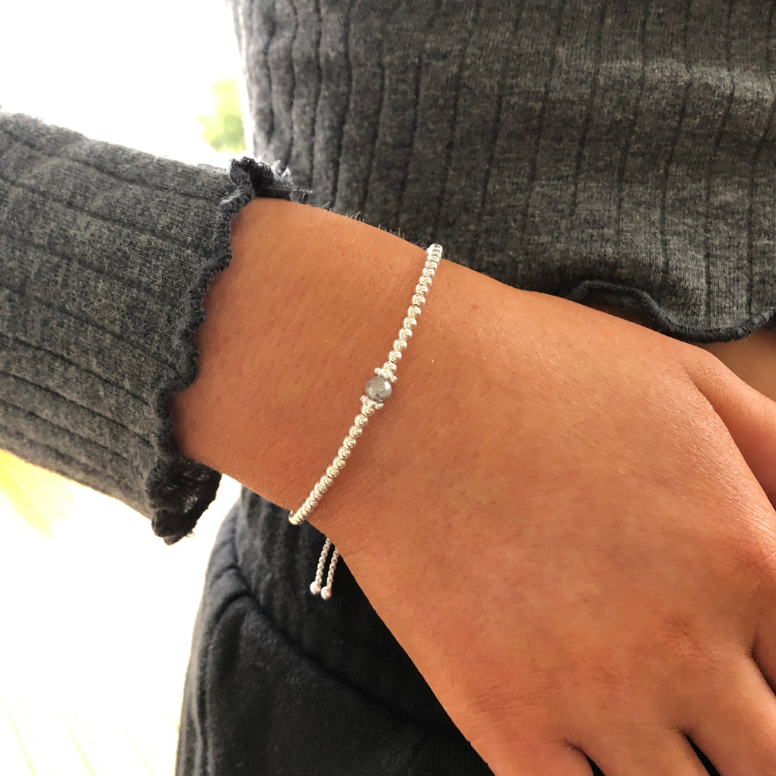 Rough faceted diamond silver adjustable beaded bracelet | April birthday