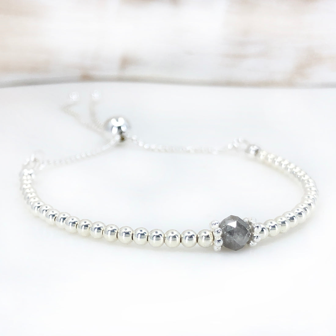 Rough faceted diamond silver adjustable beaded bracelet | April birthday