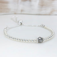 Rough faceted diamond silver adjustable beaded bracelet | April birthday