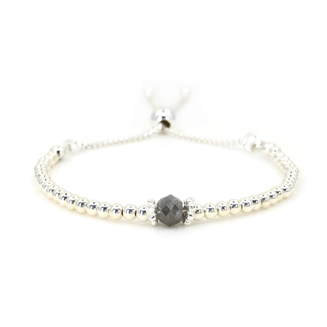 Rough faceted diamond silver adjustable beaded bracelet | April birthday