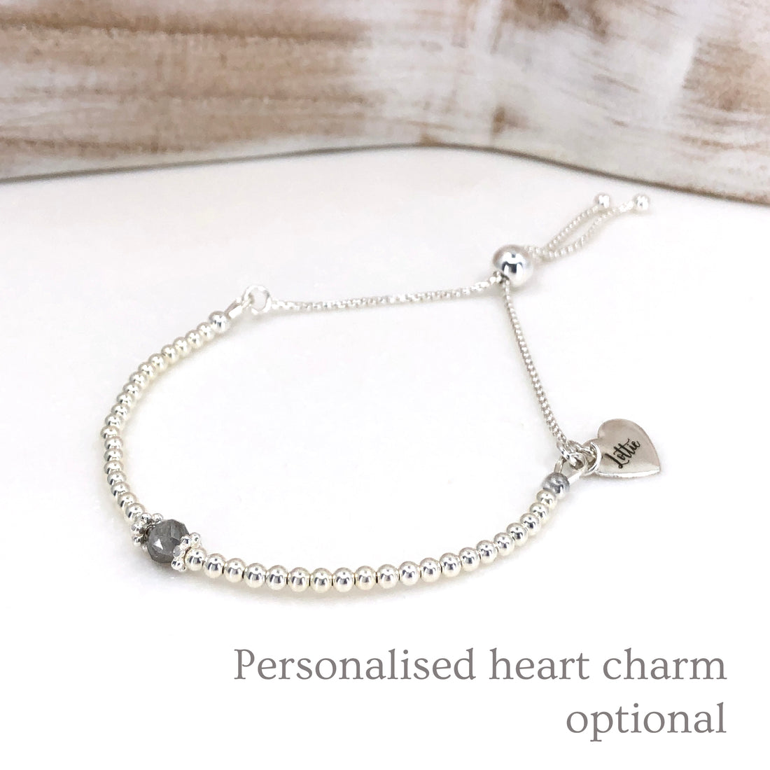 Rough faceted diamond silver adjustable beaded bracelet | April birthday