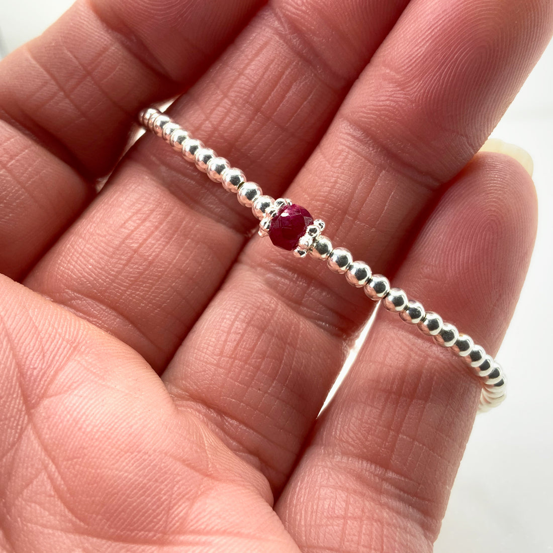 Ruby sterling silver adjustable beaded bracelet | July birthstone