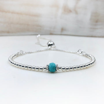 Turquoise sterling silver adjustable beaded bracelet | December birthstone