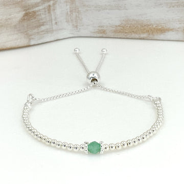 Emerald sterling silver adjustable beaded bracelet | May birthstone