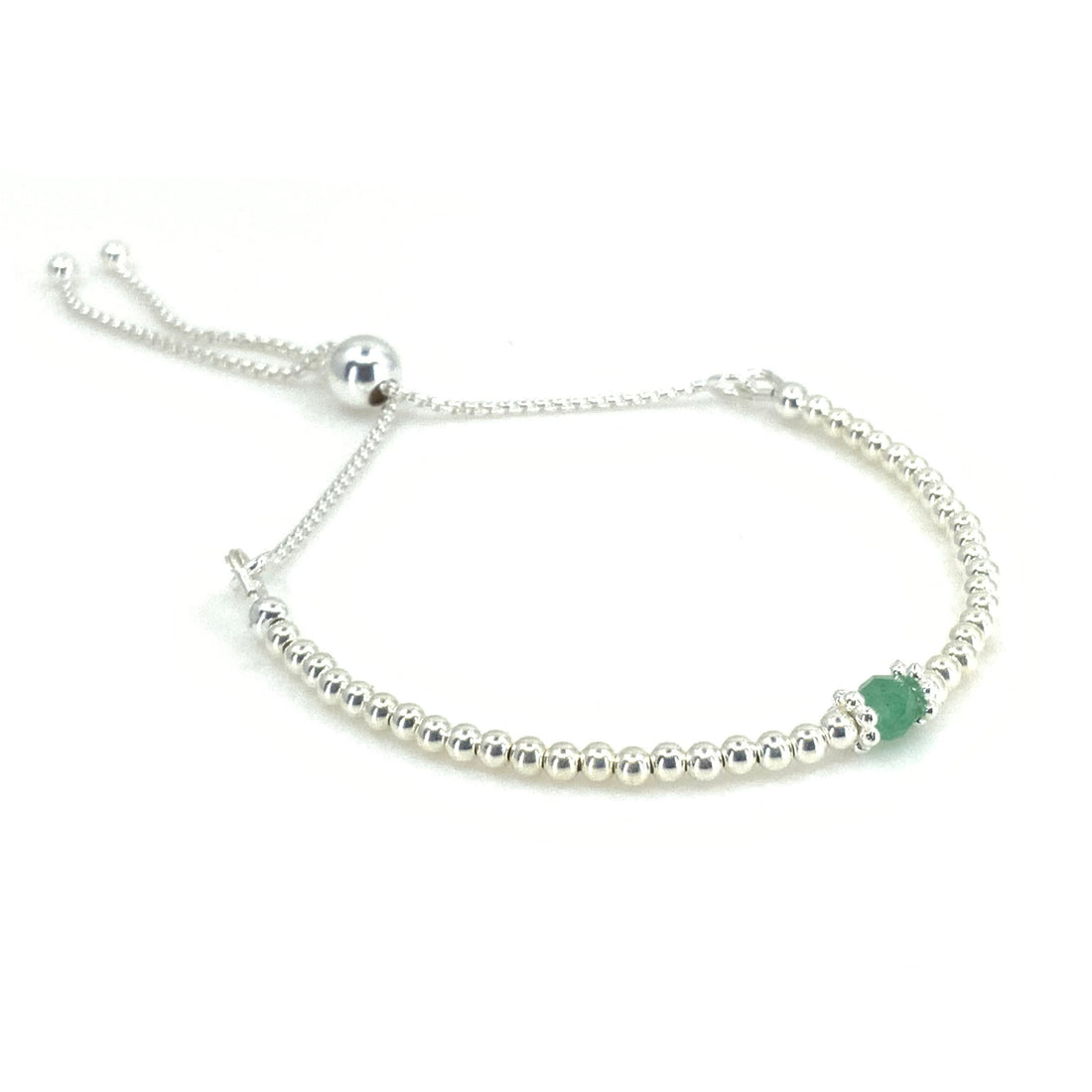 Emerald sterling silver adjustable beaded bracelet | May birthstone