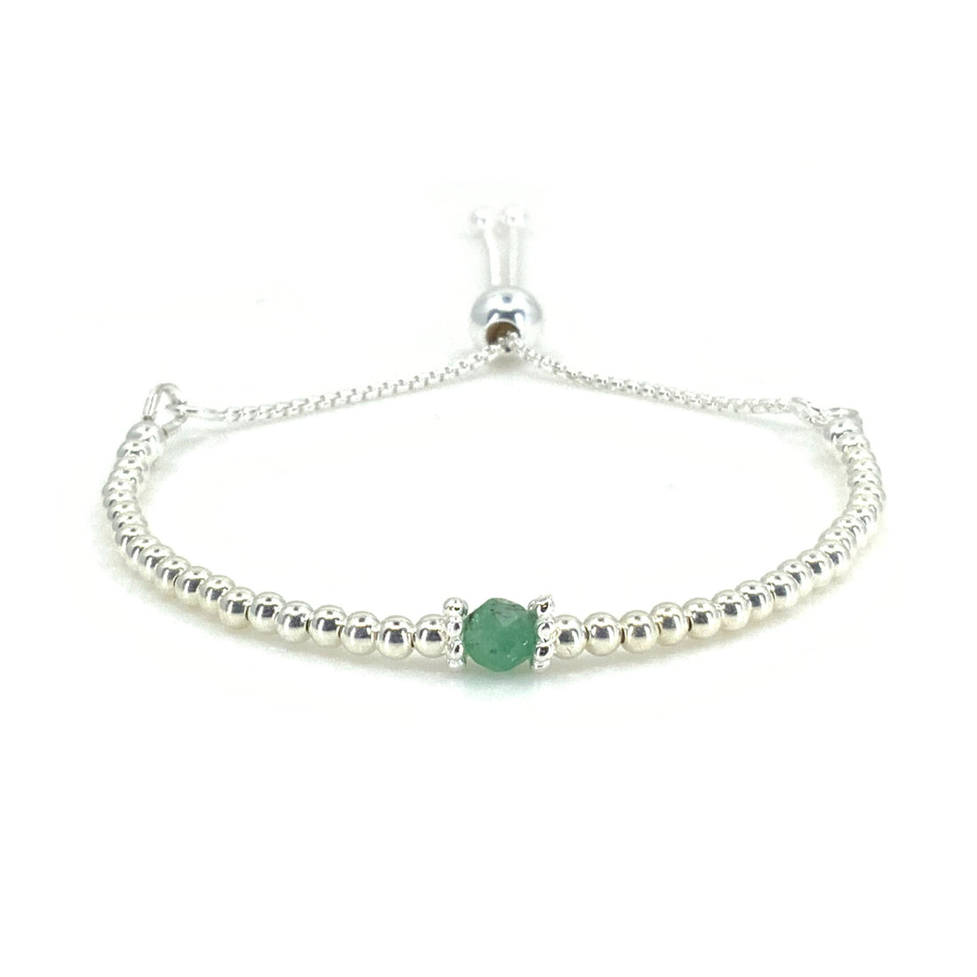 Emerald sterling silver adjustable beaded bracelet | May birthstone